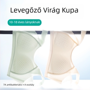 Vest-stílusú edzőmelltartó fiatal lányoknak (12–15 év), nylon főanyag, pamut bélés 50–70%, vékony formázott poharak, előlről kapcsos záródás, rögzített dupla vállpántok, légáteresztő és kényelmes.