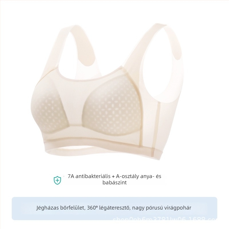 Vest-stílusú edzőmelltartó fiatal lányoknak (12–15 év), nylon főanyag, pamut bélés 50–70%, vékony formázott poharak, előlről kapcsos záródás, rögzített dupla vállpántok, légáteresztő és kényelmes.