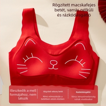 Piros nylonból készült melltartó-vest, fix 3/4 kosár, macska arc dizájnnal, 12–15 éves lányoknak