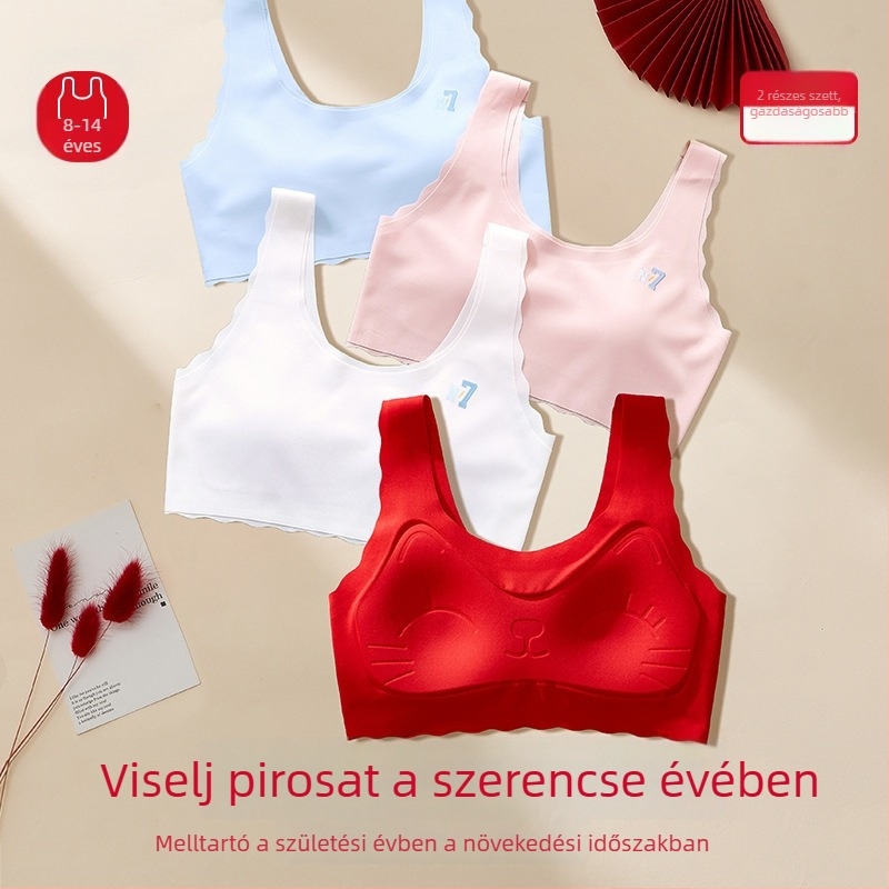 Piros nylonból készült melltartó-vest, fix 3/4 kosár, macska arc dizájnnal, 12–15 éves lányoknak
