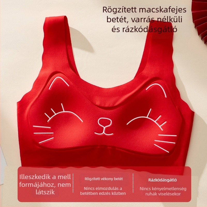 Piros nylonból készült melltartó-vest, fix 3/4 kosár, macska arc dizájnnal, 12–15 éves lányoknak