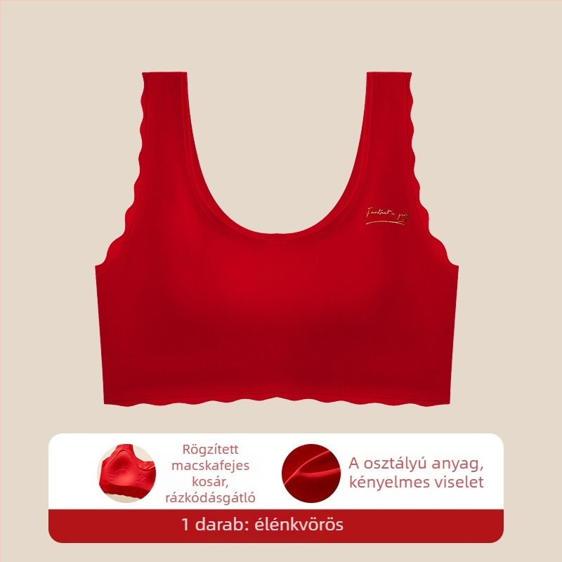 Piros nylonból készült melltartó-vest, fix 3/4 kosár, macska arc dizájnnal, 12–15 éves lányoknak