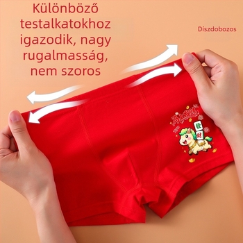 Fiúknak való piros pamut alsónemű, Ló évének megfelelő, puha és légáteresztő, rajzolt mintával