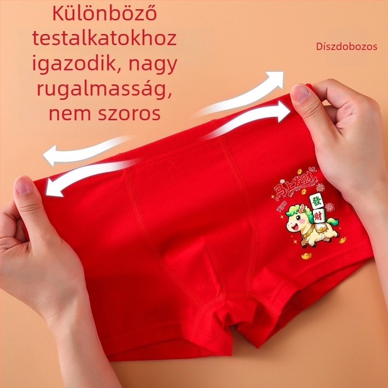 Fiúknak való piros pamut alsónemű, Ló évének megfelelő, puha és légáteresztő, rajzolt mintával