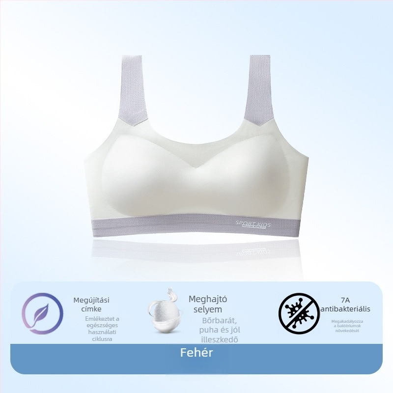 Sima sporttop tinédzser lányoknak, nylon főanyag (50–70%), bélés Spandex 30–50%, teljes kosárú, vékony formázott habos betét, acélgyűrű nélküli, rögzített dupla vállpántok