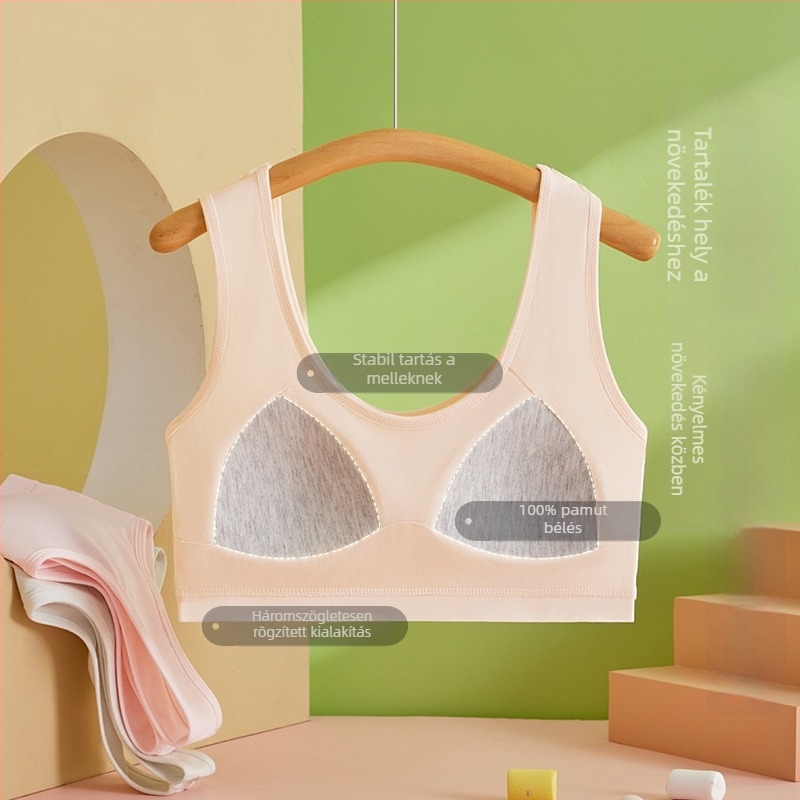 Modal anyagú lányok növekedési szakaszára tervezett melltartó, vest-stílus, háromszög alakú puha kosár, lélegző hátsó rész, izzadságelszívó, merevítő nélkül, 12–15 év