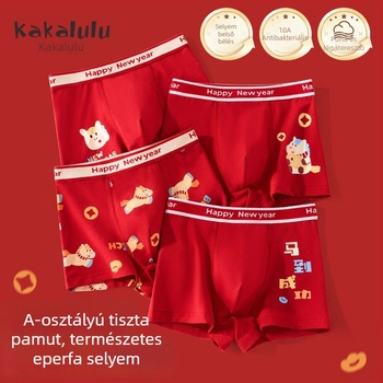 Pamut gyerekeknek szánt boxer brief antibakteriális területtel, vörös Újév horoszkópos mintával, középmagas derekú, 3–8 éveseknek