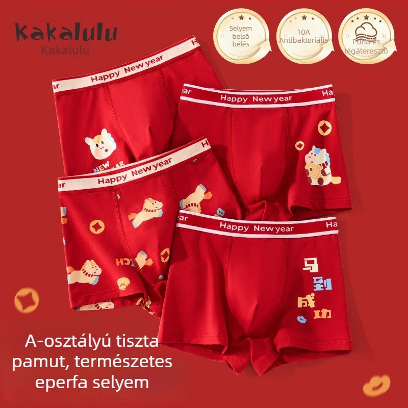 Pamut gyerekeknek szánt boxer brief antibakteriális területtel, vörös Újév horoszkópos mintával, középmagas derekú, 3–8 éveseknek