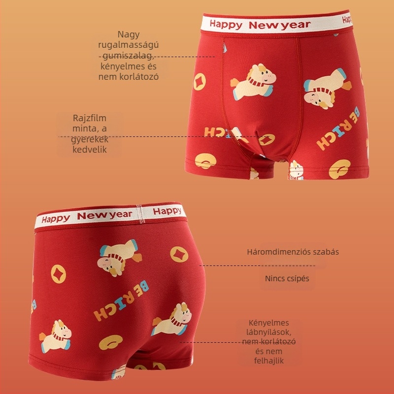 Pamut gyerekeknek szánt boxer brief antibakteriális területtel, vörös Újév horoszkópos mintával, középmagas derekú, 3–8 éveseknek