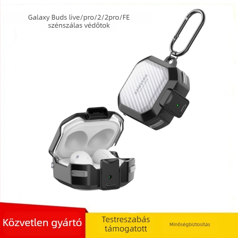 Samsung Buds Core, Buds Live, Buds Pro, Buds 2 Pro és Buds 2-hoz védőtok — átlátszó szénszálas mintázat, PC/TPU anyag, domborított textúra, injektálással öntés, permetezés