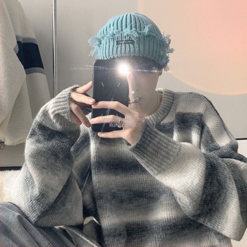 Férfi gradienszínű csíkos kötött kapucnival, gyapjúkeverék, laza szabás, koreai stílus, téli