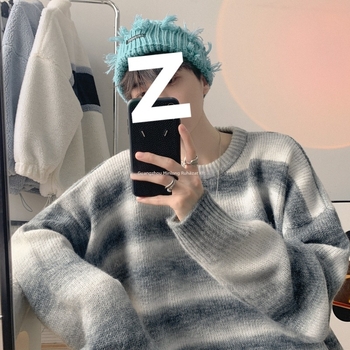 Férfi gradienszínű csíkos kötött kapucnival, gyapjúkeverék, laza szabás, koreai stílus, téli