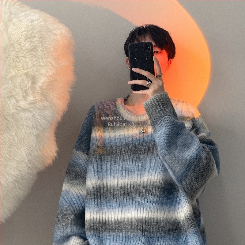 Férfi gradienszínű csíkos kötött kapucnival, gyapjúkeverék, laza szabás, koreai stílus, téli