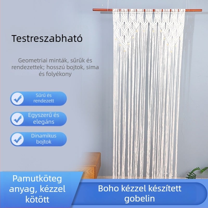 Kézzel szőtt ajtófüggöny, etnikus boho nordikus stílus, pamut-poliészter keverék, csíkos, téglalap alakú