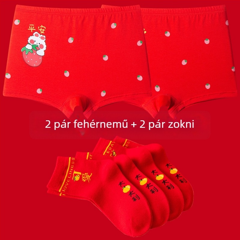 Lányoknak való pamut alsónemű karikatúra mintával, középmagas derekú, piros szín, állatövi év téma
