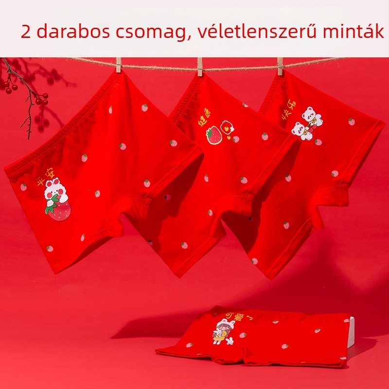 Lányoknak való pamut alsónemű karikatúra mintával, középmagas derekú, piros szín, állatövi év téma