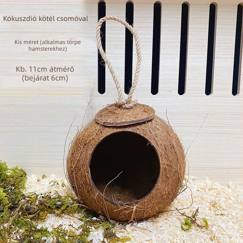 Hamster alvófészek, kókuszhéjból készült fészek, tájépítés, nyári hűtés, harapás elleni menedék; Anyag: Egyéb; Eredet: Kína; Alkalmas: Hamster