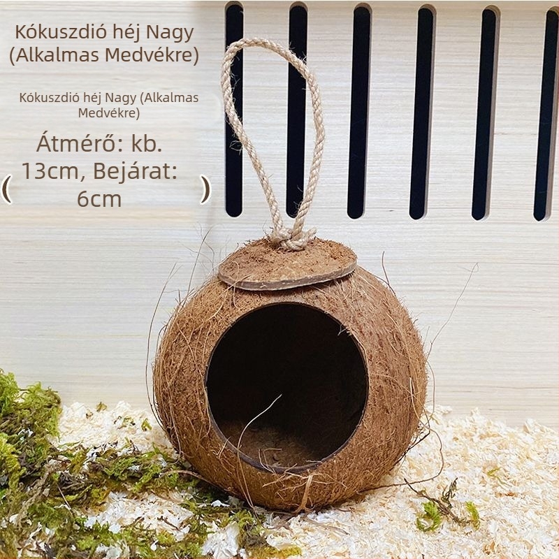Hamster alvófészek, kókuszhéjból készült fészek, tájépítés, nyári hűtés, harapás elleni menedék; Anyag: Egyéb; Eredet: Kína; Alkalmas: Hamster