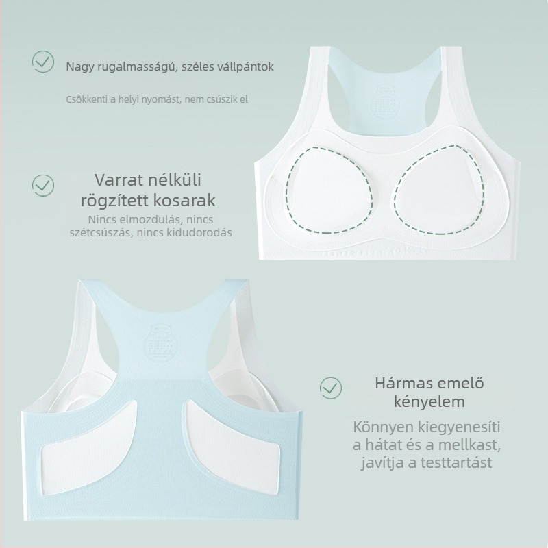 Fejlődő lányok számára készült sportmelltartó, 2–3 szakasz, fix kosár, 12–15 éveseknek.