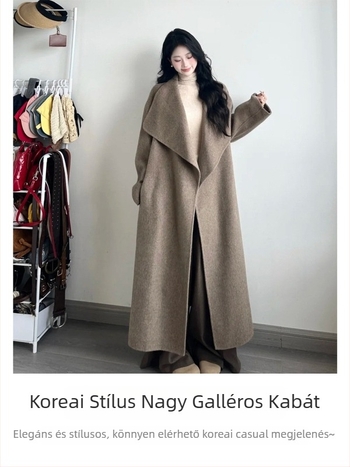 Női kabát, laza szabású, hosszított hossz, Turn-down gallér, koreai stílus
