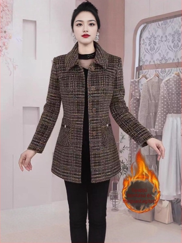 Női slim-fit gyapjúkabát, középhosszú, csíkos minta, polo gallér, tél 2025