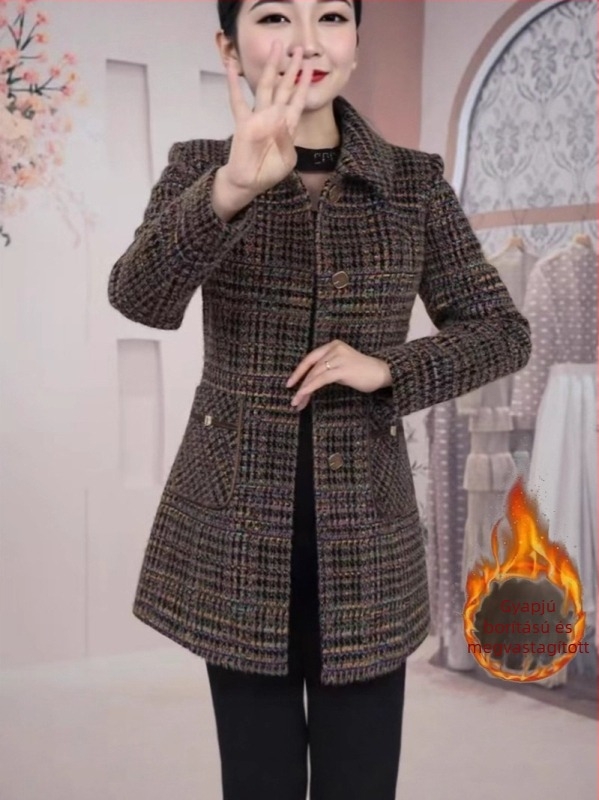 Női slim-fit gyapjúkabát, középhosszú, csíkos minta, polo gallér, tél 2025