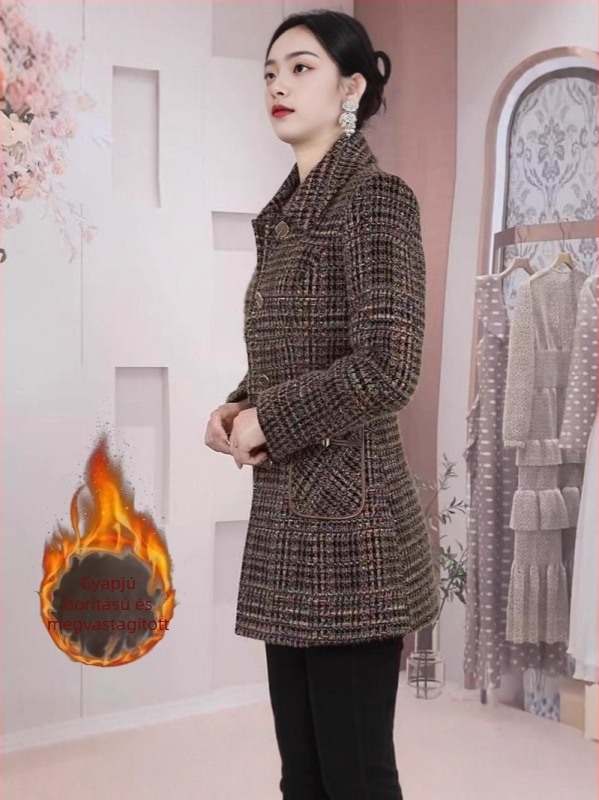 Női slim-fit gyapjúkabát, középhosszú, csíkos minta, polo gallér, tél 2025