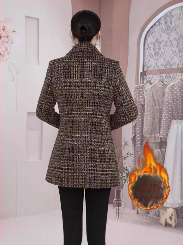 Női slim-fit gyapjúkabát, középhosszú, csíkos minta, polo gallér, tél 2025