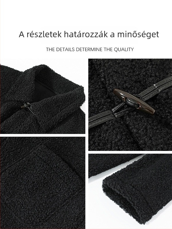 Női poliészter kabát bárányplüss béléssel, középhosszú, laza szabású