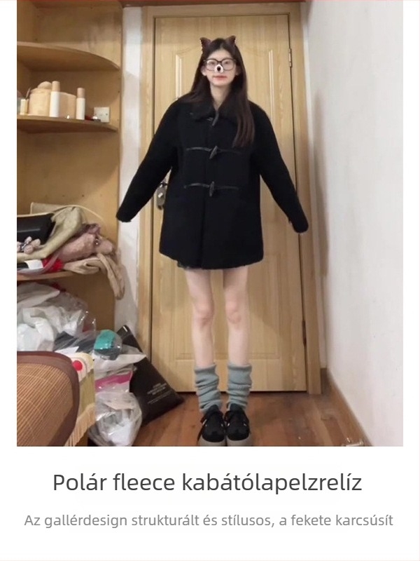 Női poliészter kabát bárányplüss béléssel, középhosszú, laza szabású