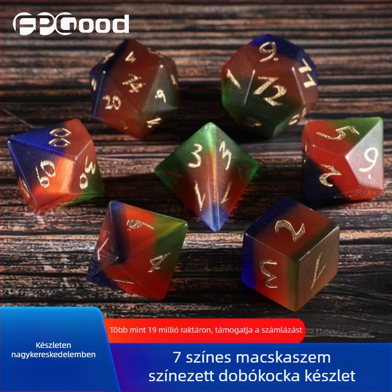 Wowu többoldalas dobókocka készlet asztali játékokhoz – hét D20 dobókocka mesterséges macska szem kőből, testre szabható