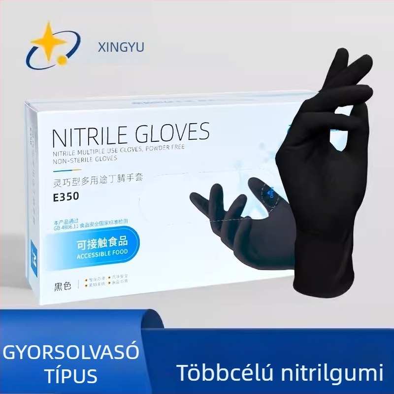 Egyszer használatos nitril kesztyűk, olajálló és csúszásmentes, élelmiszer-biztonsági tanúsítvánnyal; gourmet főzéshez, kozmetikai iparhoz, állatgondozáshoz, kertészkedéshez és gépjavításhoz.