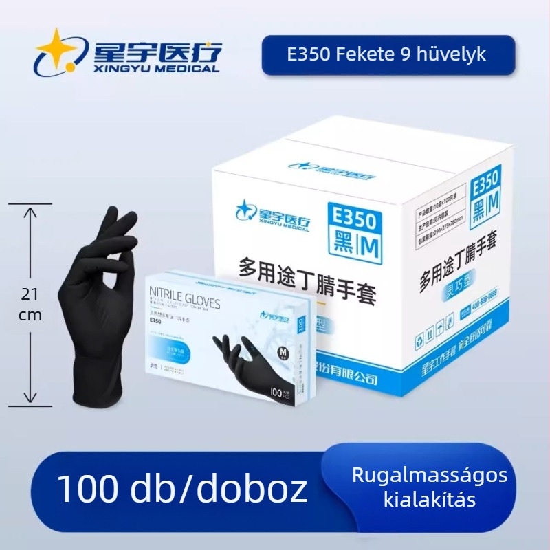 Egyszer használatos nitril kesztyűk, olajálló és csúszásmentes, élelmiszer-biztonsági tanúsítvánnyal; gourmet főzéshez, kozmetikai iparhoz, állatgondozáshoz, kertészkedéshez és gépjavításhoz.