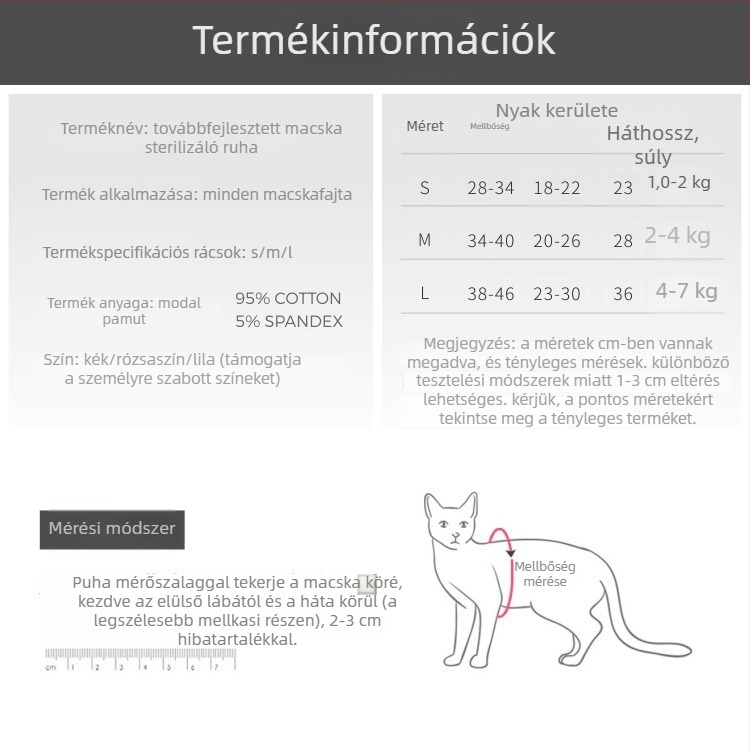 Légáteresztő macska posztoperatív ruha, nyalogzás elleni védelemmel, rugalmas, négy évszakos