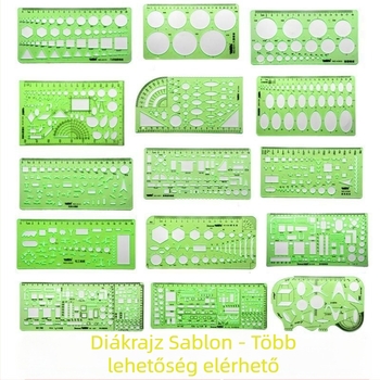 Rajzhoz való sablonos vonalzó – kör- és ellipsz sablonok, dupla skálázás, műanyag, modell 4309