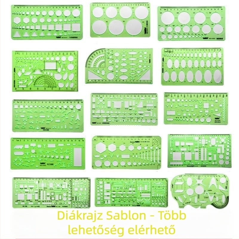 Rajzhoz való sablonos vonalzó – kör- és ellipsz sablonok, dupla skálázás, műanyag, modell 4309