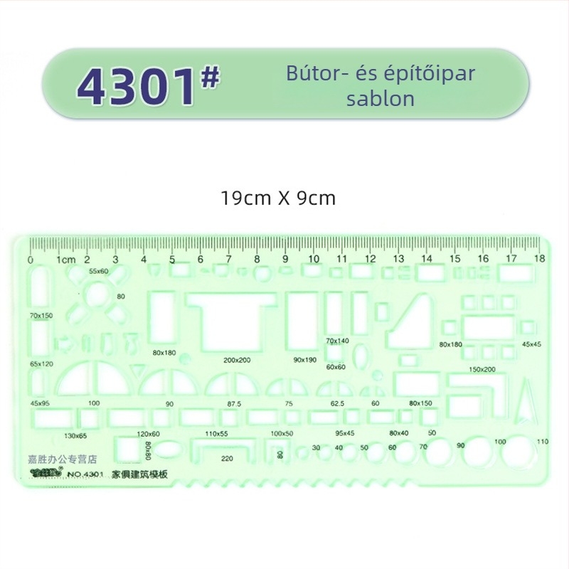 Rajzhoz való sablonos vonalzó – kör- és ellipsz sablonok, dupla skálázás, műanyag, modell 4309