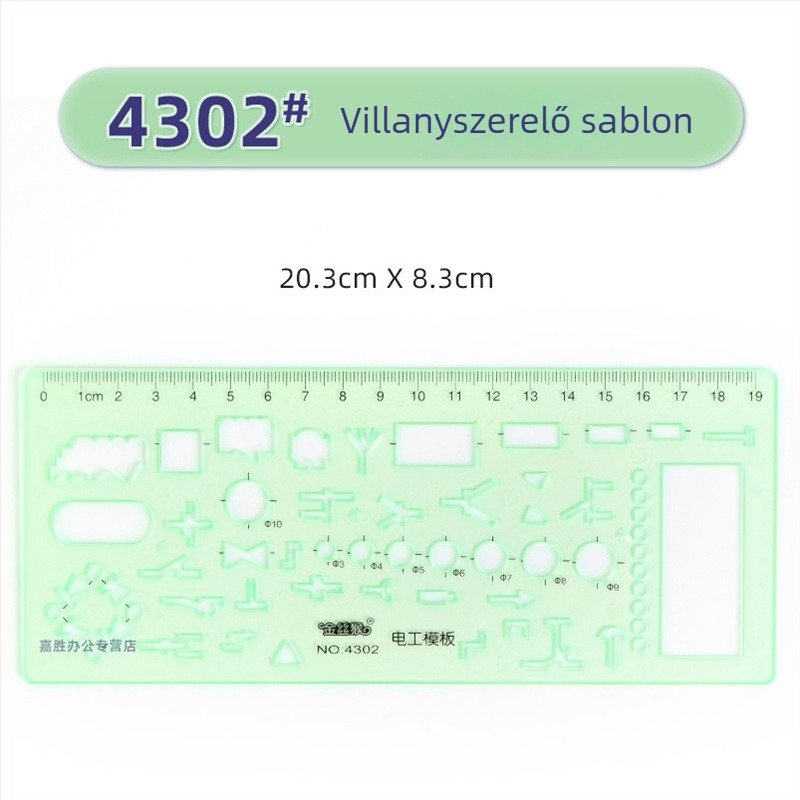 Rajzhoz való sablonos vonalzó – kör- és ellipsz sablonok, dupla skálázás, műanyag, modell 4309