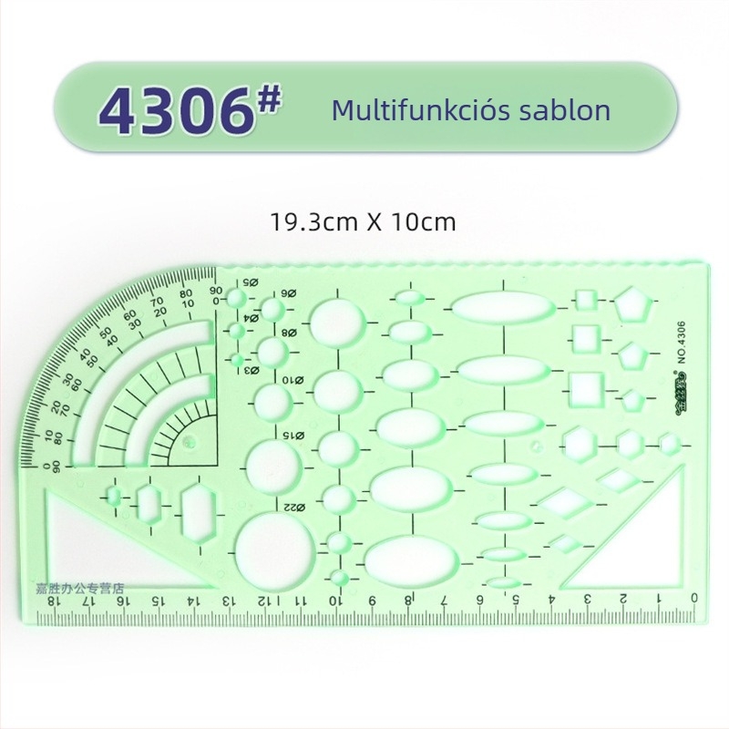 Rajzhoz való sablonos vonalzó – kör- és ellipsz sablonok, dupla skálázás, műanyag, modell 4309