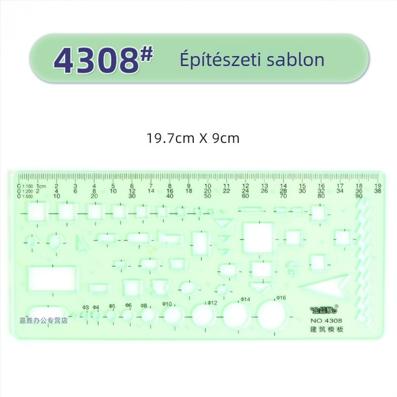 Rajzhoz való sablonos vonalzó – kör- és ellipsz sablonok, dupla skálázás, műanyag, modell 4309