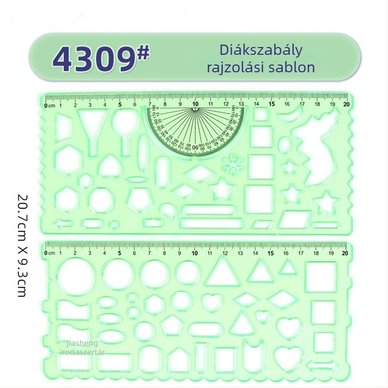 Rajzhoz való sablonos vonalzó – kör- és ellipsz sablonok, dupla skálázás, műanyag, modell 4309