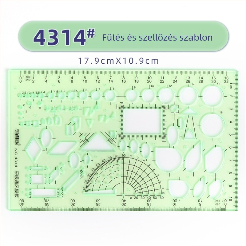 Rajzhoz való sablonos vonalzó – kör- és ellipsz sablonok, dupla skálázás, műanyag, modell 4309