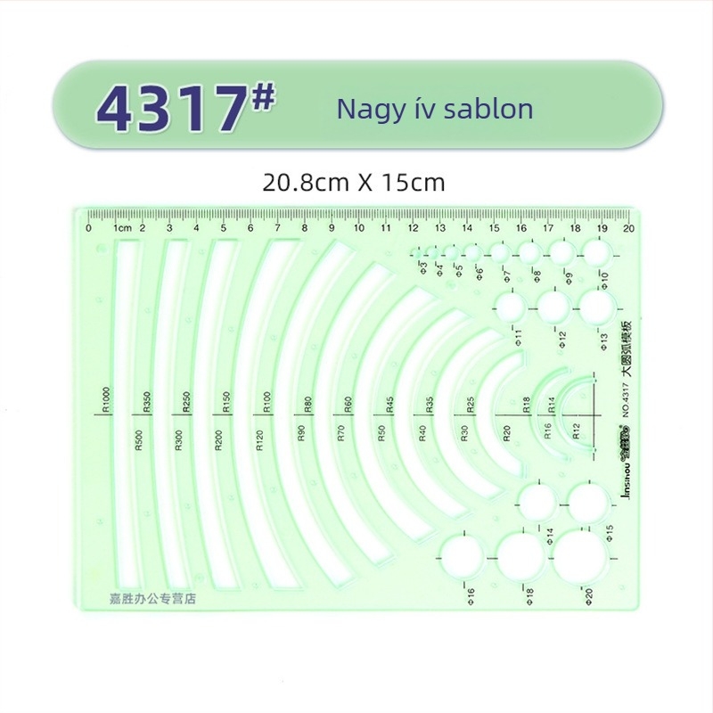 Rajzhoz való sablonos vonalzó – kör- és ellipsz sablonok, dupla skálázás, műanyag, modell 4309