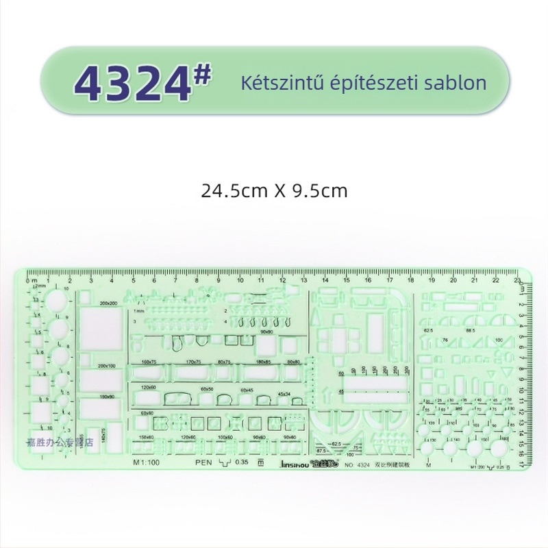 Rajzhoz való sablonos vonalzó – kör- és ellipsz sablonok, dupla skálázás, műanyag, modell 4309