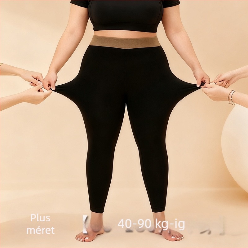Pluszméretű fleecével bélelt leggings, 9/10 hossz, fekete, pamut–elasztán anyagból, melegen tart őszre–télre