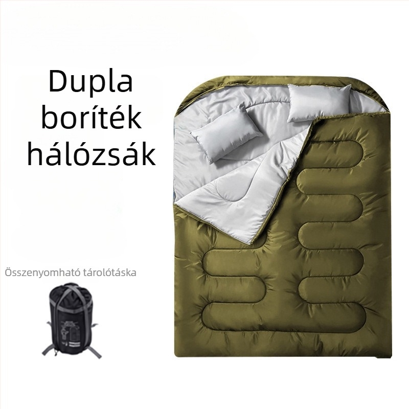 Téli két személyes hálózsák, szennyeződésálló és meleg, kempingezéshez, párnával