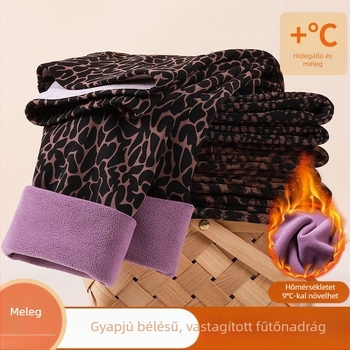Női leopártmintás fleece-sel bélelt melegítő leggings, magas derék, sima felület, rugalmas, plusz méret