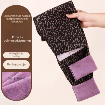 Női leopártmintás fleece-sel bélelt melegítő leggings, magas derék, sima felület, rugalmas, plusz méret