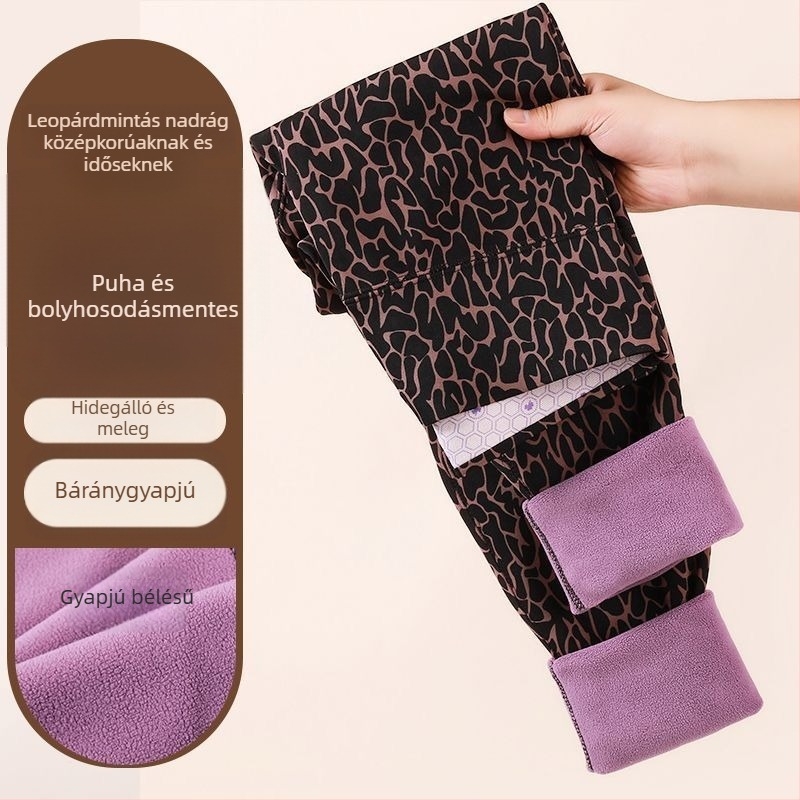 Női leopártmintás fleece-sel bélelt melegítő leggings, magas derék, sima felület, rugalmas, plusz méret