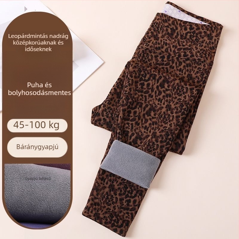 Női leopártmintás fleece-sel bélelt melegítő leggings, magas derék, sima felület, rugalmas, plusz méret